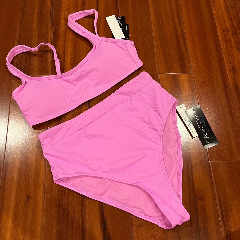 California Waves Bikini Set Swim Two Piece Orchid Ribbed High Waist New Small